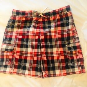 Mens 2X Red Tartan Cargo Swim Board Shorts Mesh Liner